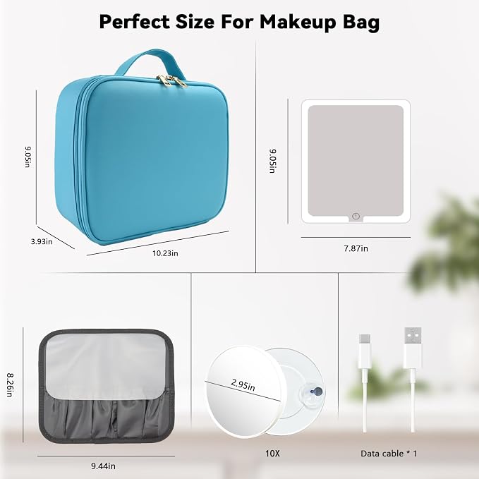 Travel Makeup Bag with LED Mirror and 10x magnifying glass with 3 Lighted - Image 8