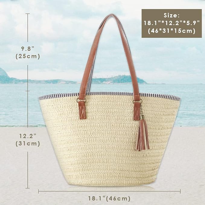 Pahajim Straw Beach Bags Tote Tassels Bag Hobo Summer Handwoven Shoulder Bags - Image 2