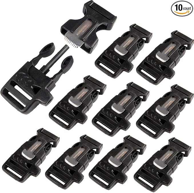 10Pack 3/4" Fire Starter Survival Whistle Buckle Flint Scraper by CooBigo