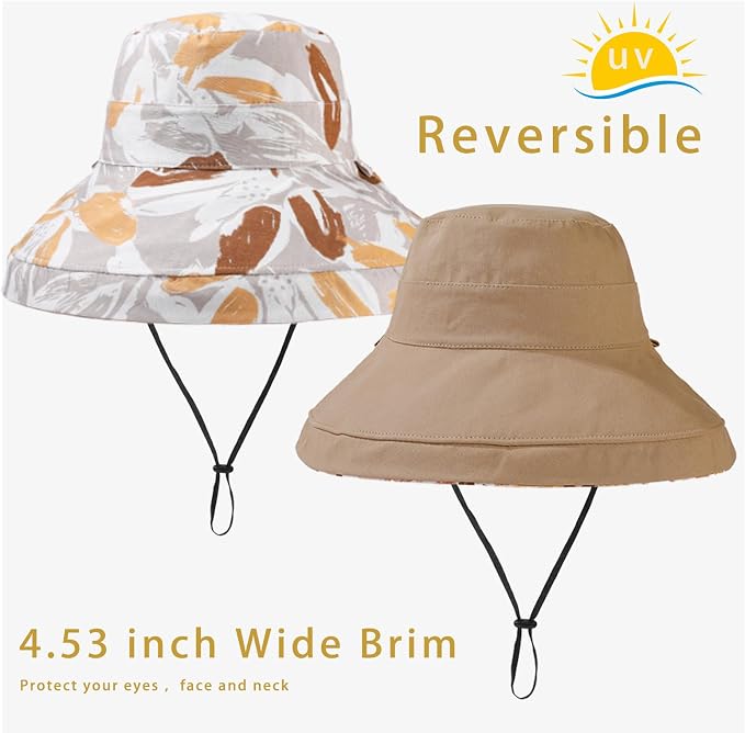 vidsel Womens Sun Hats Wide Brim Reversible Bucket Cotton Hat Packable Summer - Image 3