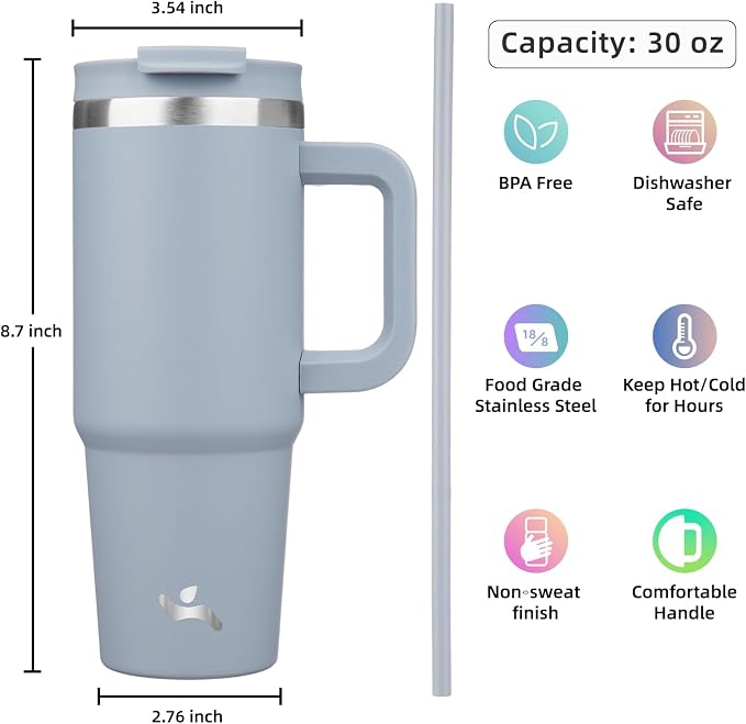 30 oz Tumbler with Handle and 2 Straws, 2 in 1 Lid Insulated Water Bottle - Image 4