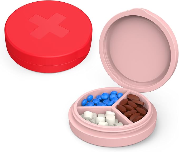 2 Pack Small Pill Box, 3 Compartment Round Silicone Travel Pill Box by Unknown