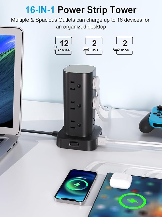 Power Strip Tower with Multiple Outlets, Flat Plug Surge Protector Tower - Image 2