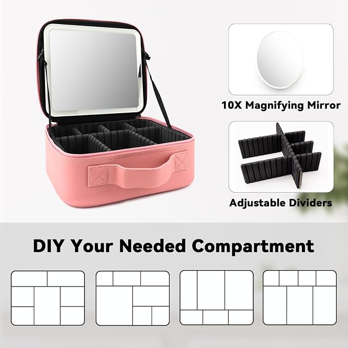 Travel Makeup Bag with LED Mirror and 10x magnifying glass with 3 Lighted - Image 4