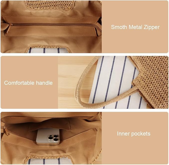 Straw Beach Bags for Women Woven Beach Tote Bag Casual Boho Large Shoulder - Image 6