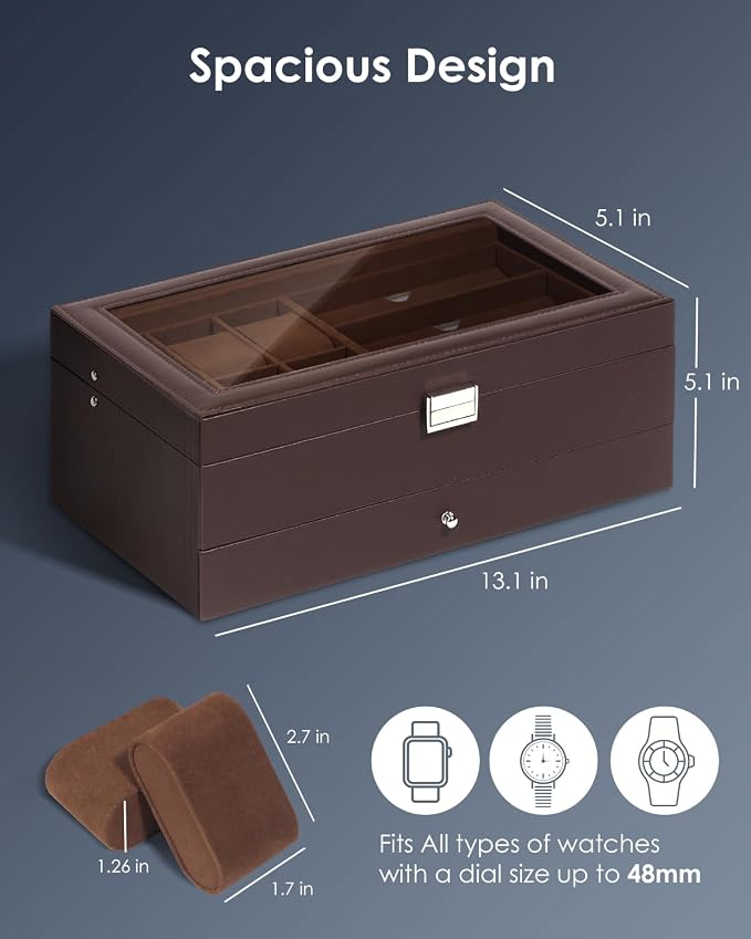 Watch Jewelry Box Organizer, 6-Slot 2-Layer Watch Case and Sunglasses Storage - Image 2