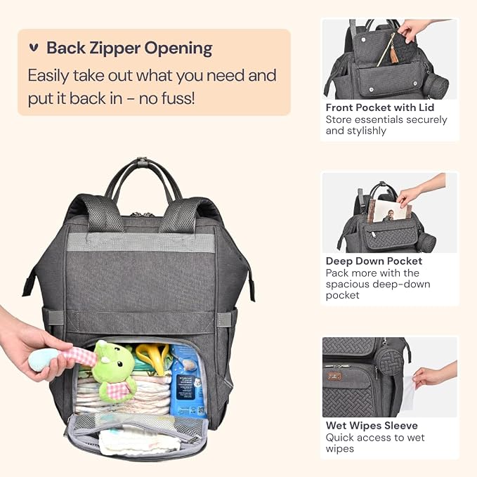 BabbleRoo Diaper Bag Backpack, Unisex Stylish Travel Back Pack Nappy Changing - Image 5