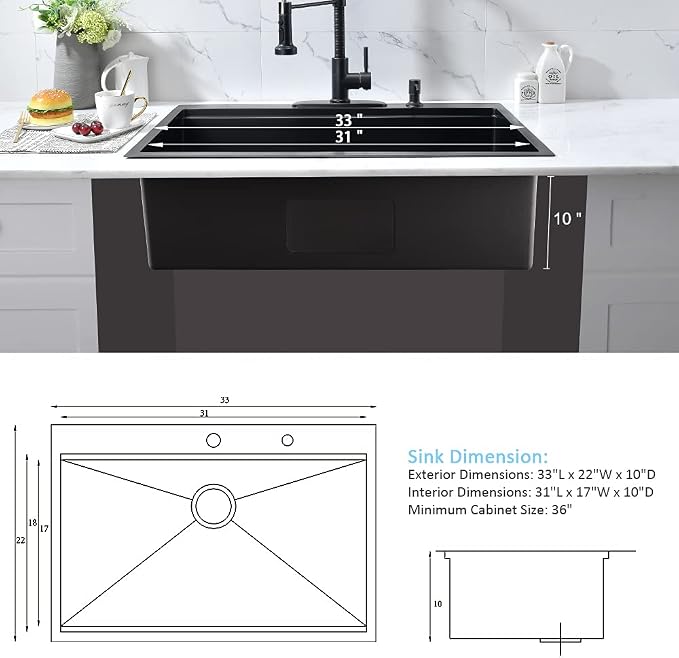 33 Inch Black Drop In Kitchen Sink Workstation-Bokaiya 33x22 Black Stainless - Image 8