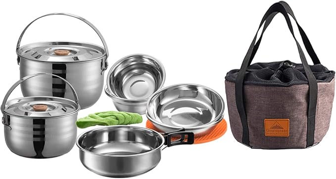 CAMPINGMOON Camping Cookware Set Stainless Steel Outdoor Nesting Cooking Mess by CAMPINGMOON