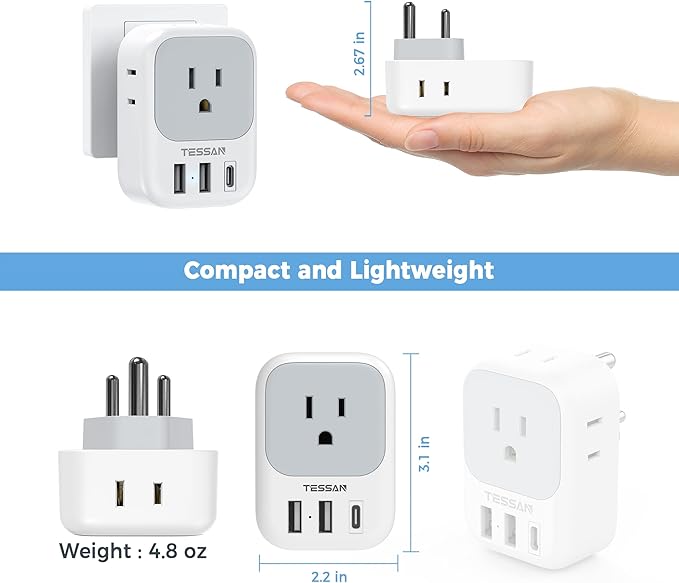 India Plug Adapter 2 Pack, TESSAN Type D Travel Adapter - Image 5