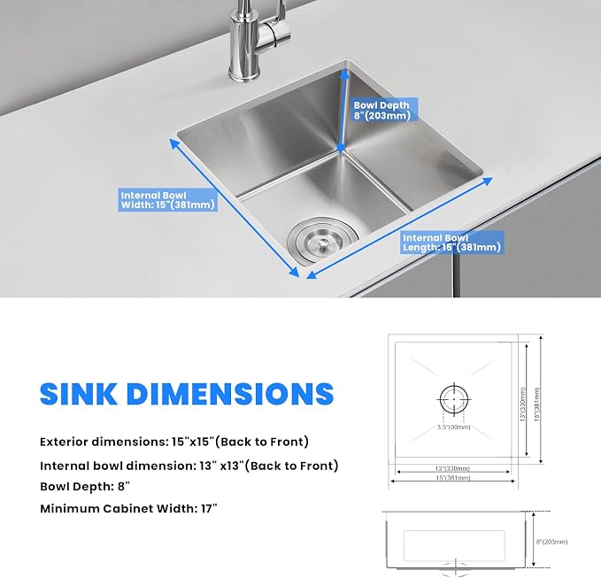 POPFLY 15×15 Inch Undermount Wet Bar Sink, 18 Gauge 304 Stainless Steel Kitchen - Image 3