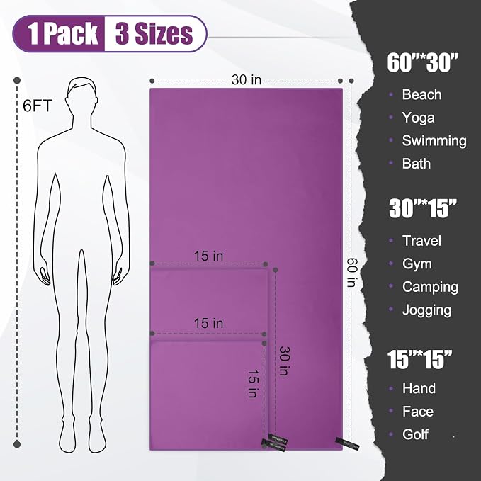 Quick Dry Travel Towel, 3 Sizes 1 Pack Camping Microfiber Towel, Lightweight - Image 2