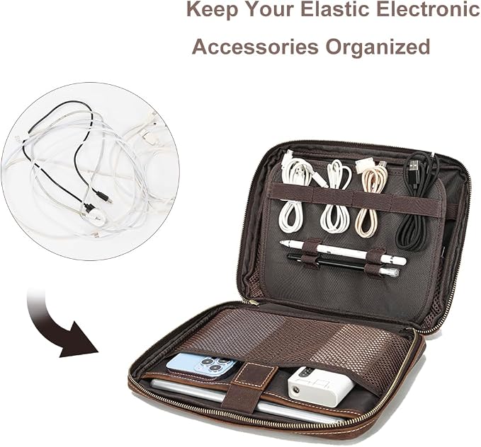 LANNSYNE Full Grain Leather Electronic Organizer Accessory Travel Tech Pouch - Image 4