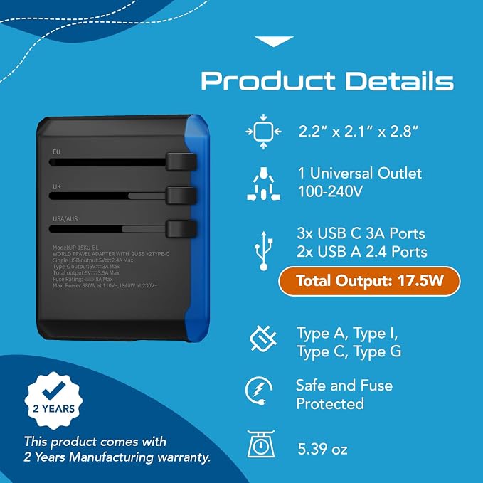 Ceptics Universal Travel Adapter, 5 in 1 Universal Laptop Charger - Image 4