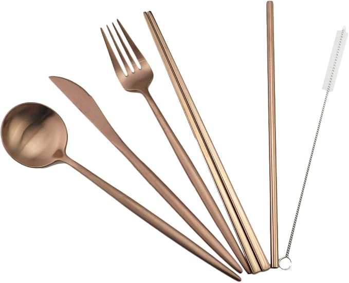 Gugrida Luxury Rose Gold Matte Portable 18/10 Stainless Steel Travel Flatware - Image 3