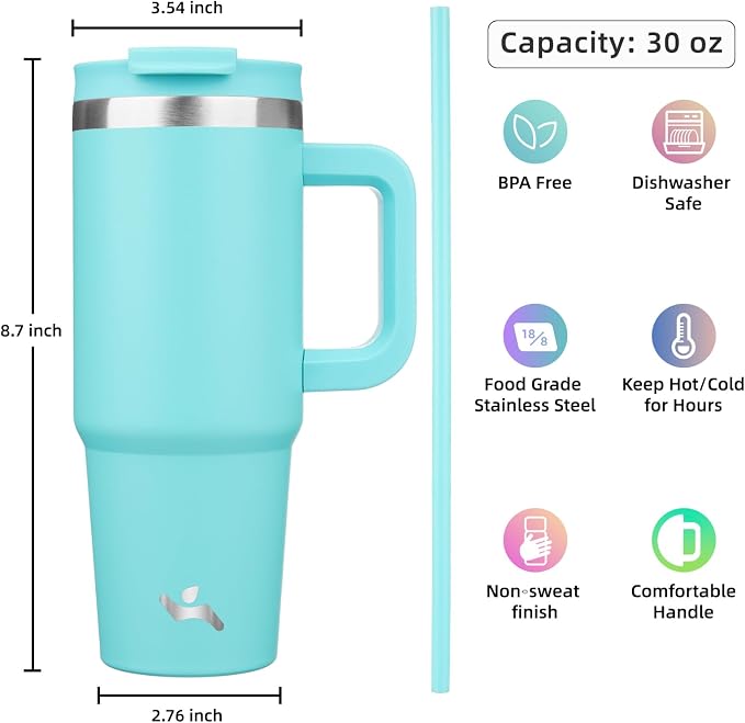 30 oz Tumbler with Handle and 2 Straws, 2 in 1 Lid Insulated Water Bottle - Image 4