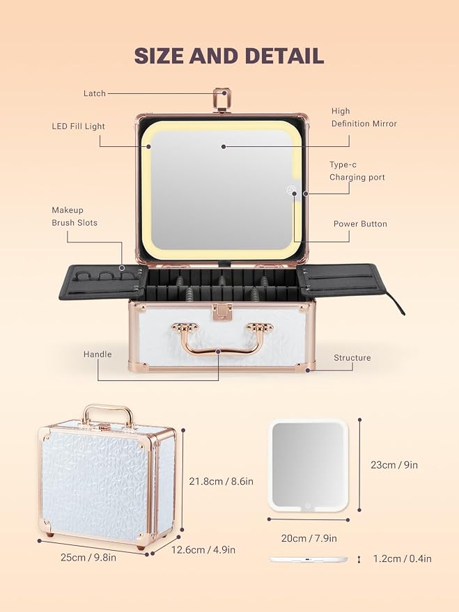 Qislee Makeup Box with A Detachable Lighted Mirror, Waterproof Travel Train Case - Image 3
