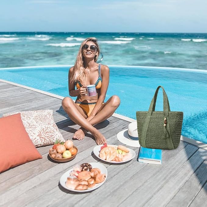 Straw Beach Bags for Women Woven Beach Tote Bag Casual Boho Large Shoulder - Image 2