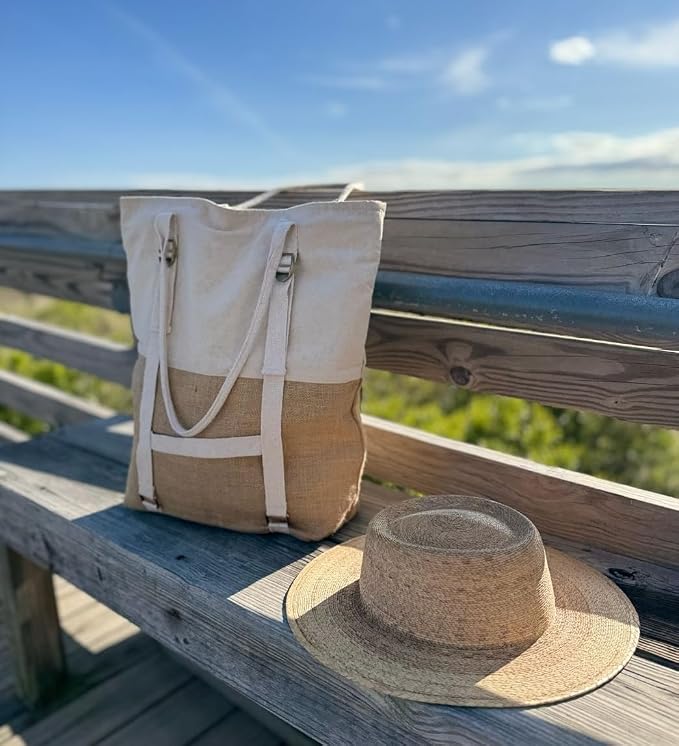 Large Beach Tote Bag with Hat Holder Straps, Womens large beach bag- Vation - Image 2