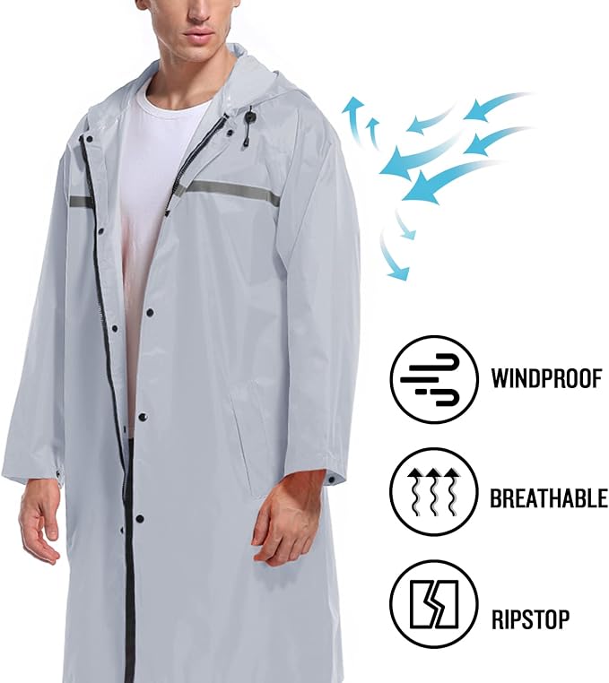 Mens Long Hooded Safety Rain Jacket Waterproof Emergency Raincoat Poncho - Image 5