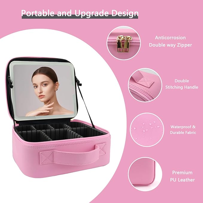 Makeup Bag with Led Mirror, Travel Makeup Organizer with 3 Color Setting & 10X - Image 4