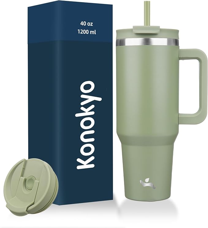 40 oz Tumbler with Handle and 2 Straws, 2 in 1 Lid Insulated Water Bottle by Konokyo