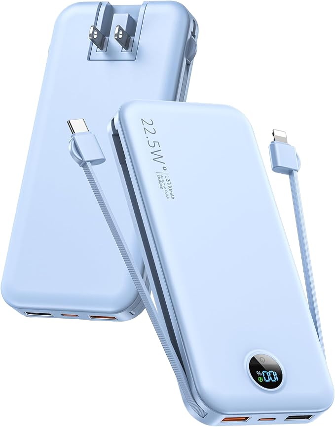 Portable Charger with Built-in Cables and Wall Plug, 12000mAh 22.5W USB C Power by CITICR
