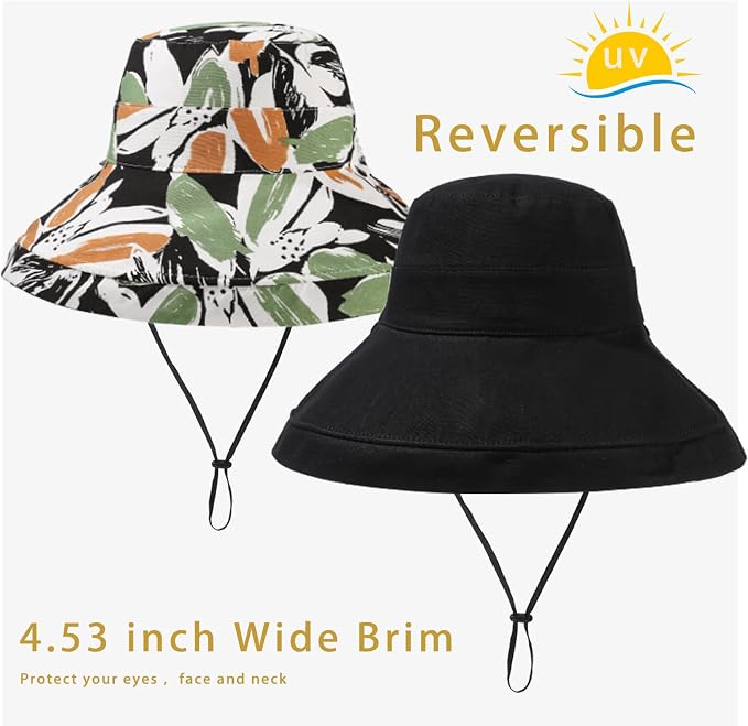 vidsel Womens Sun Hats Wide Brim Reversible Bucket Cotton Hat Packable Summer - Image 3