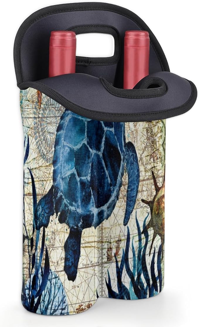 Vintage Sea Turtle 2 Bottle Wine Carrier Tote Bag Insulated Neoprene Portable - Image 4