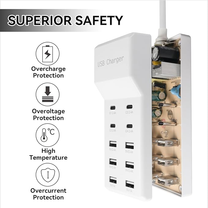 USB Charging Station, 10 Ports Family-Sized USB C Charger Block, USB Power Strip - Image 3