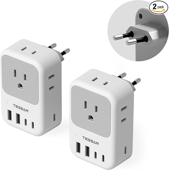 TESSAN European Travel Plug Adapter 2-Pack, US to EU Outlet Adaptor by TESSAN