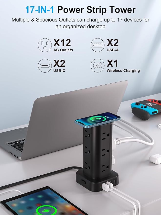 Power Strip with Wireless Charger, Flat Plug Surge Protector with 6FT Extension - Image 2