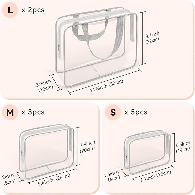 TISRATOK 10 PCS Clear Travel Makeup Toiletry Bag, Plastic PVC Cosmetic TSA - Image 2