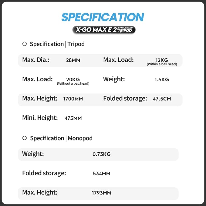 Fotopro 68" Carbon Fiber Travel Tripod, Heavy Duty Camera Tripod - Image 6