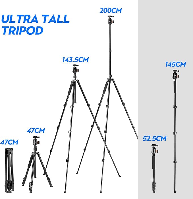 Fotopro 78" Camera Tripod, Aluminum Compact Travel Tripod and Monopod - Image 2