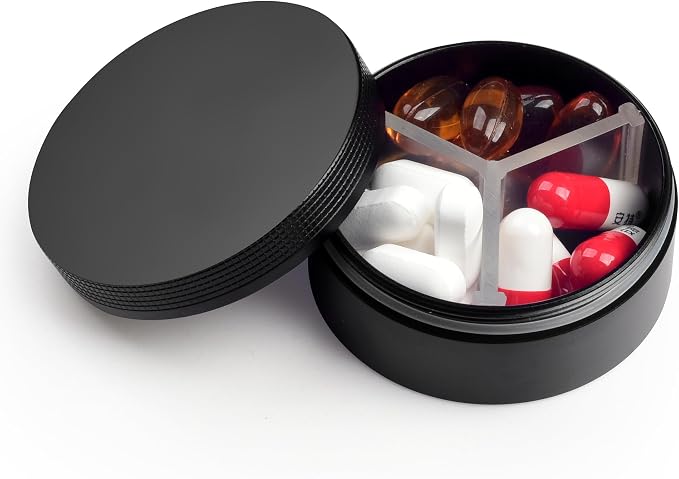 Small Pill Case 3 Compartments, Metal Round Portable Pill Box, Waterproof by LightOnIt
