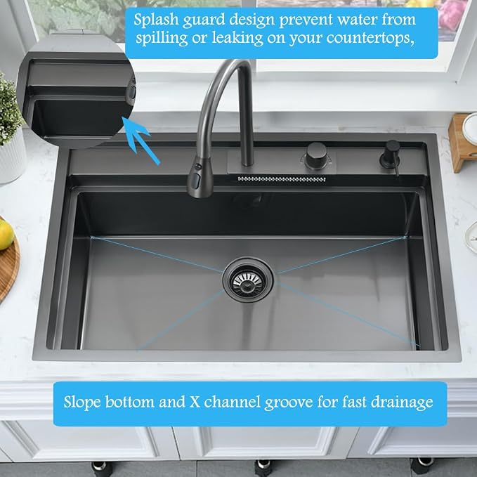 33 Inch Black Waterfall Kitchen Sink Workstation -Bokaiya 33x19 Drop In Kitchen - Image 6