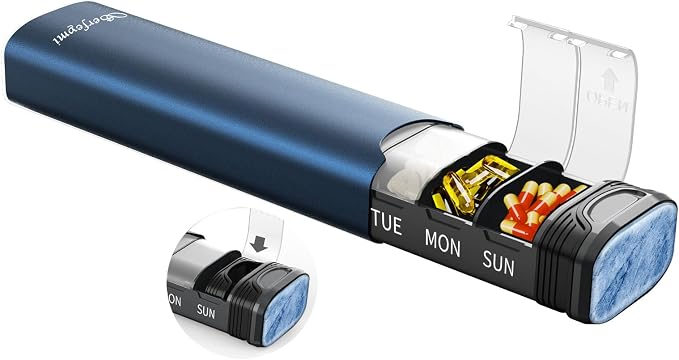 Metal Weekly Pill Organizer, Serfeymi Aluminum Daily Pill Box, 7 Day Pill Case by Serfeymi