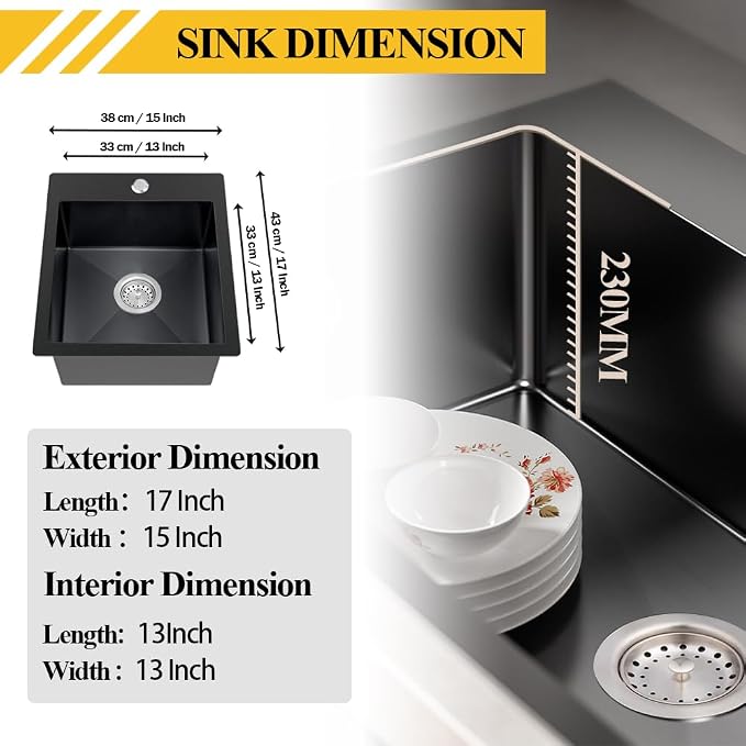 Black Kitchen Sink, Stainless Steel Drop In 15x17x9 Inch Single Bowl Topmount - Image 6