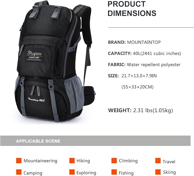 MOUNTAINTOP 40L Hiking Backpack Lightweight Travel Backpack - Image 2