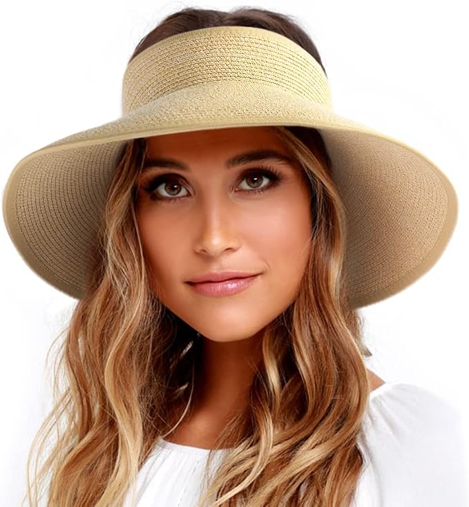 FURTALK Sun Hats for Women Wide Brim Beach Hat Straw Visor Ponytail Summer UV by FURTALK
