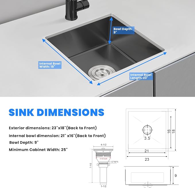 POPFLY 23×18 Inch Undermounter Kitchen Sink, 18 Gauge Stainless Steel Handmade - Image 7