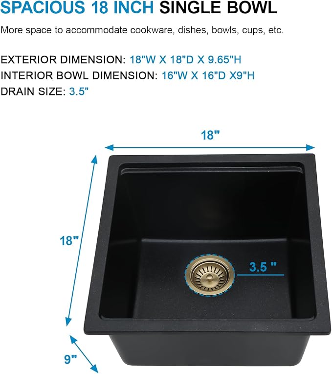 18 Black Granite Composite Bar Sink 18x18 Single Bowl Granite Composite - Image 6