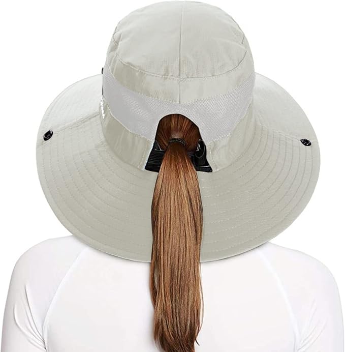 Rosoz Ponytail Sun Bucket Hats for Women UV Protection Foldable Mesh Wide Brim - Image 2