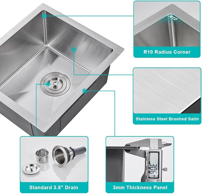 15 inch Undermount Bar Sink, Stainless Steel Handmade Single Bowl Kitchen Sink - Image 4