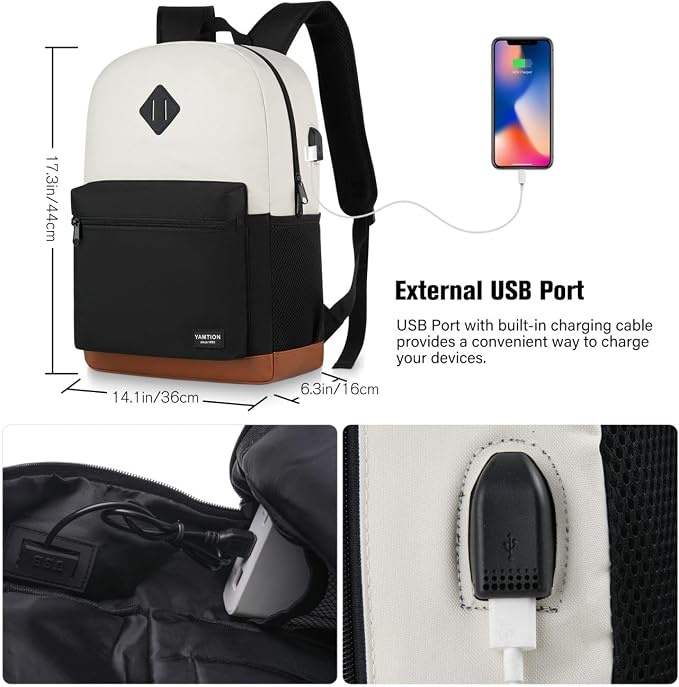 School Backpack, Bookbag Teen Boys and Girls Black Beige - Image 6