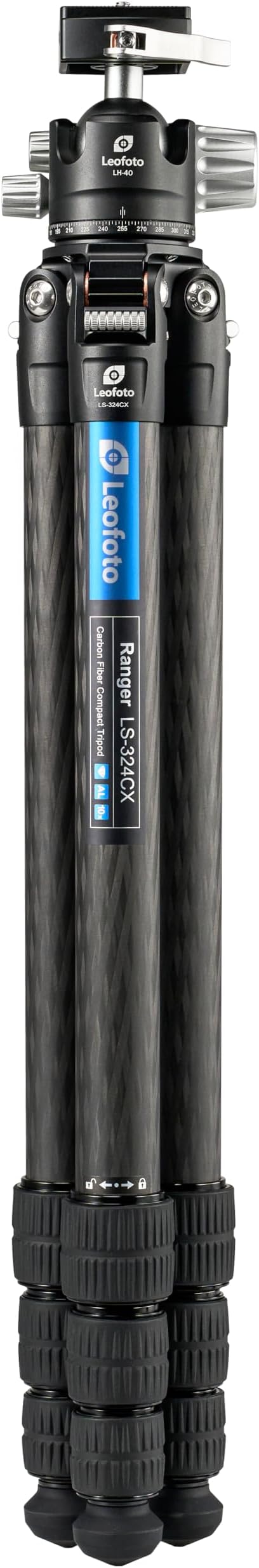 Leofoto LS-324CX+LH-40LR Travel Tripod, Ranger Series, Carbon Fiber, 4 Leg - Image 2