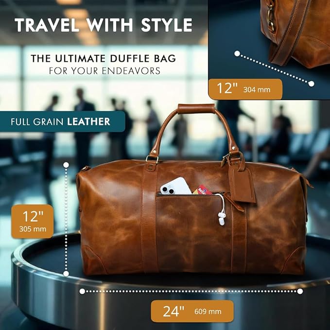 ELIZO Large Leather Duffle Bag For Men Women Big REAL FULL GRAIN Travel - Image 2