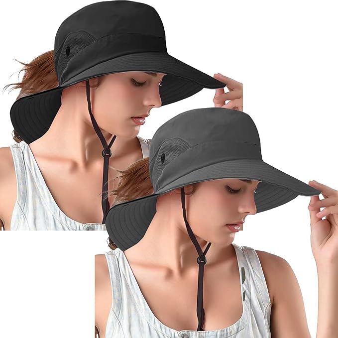 Rosoz Ponytail Sun Bucket Hats for Women UV Protection Foldable Mesh Wide Brim by Rosoz