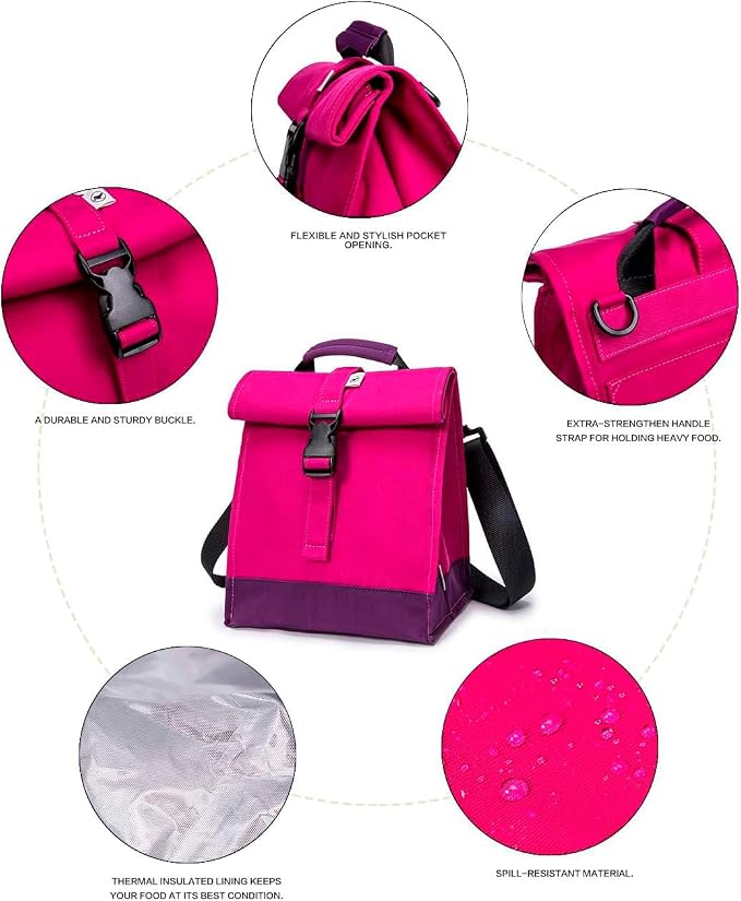 SUNNY BIRD Insulated Lunch Bag Rolltop Lunch Box Tote Lunchbox Bag - Image 4